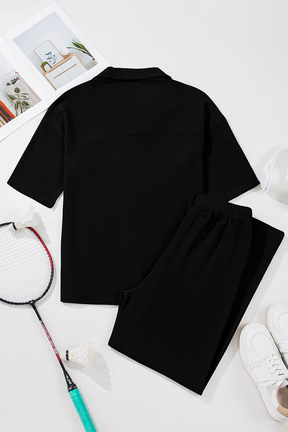 Black Solid Colour Textured Buttoned Shirt and Casual Trousers Set eAura