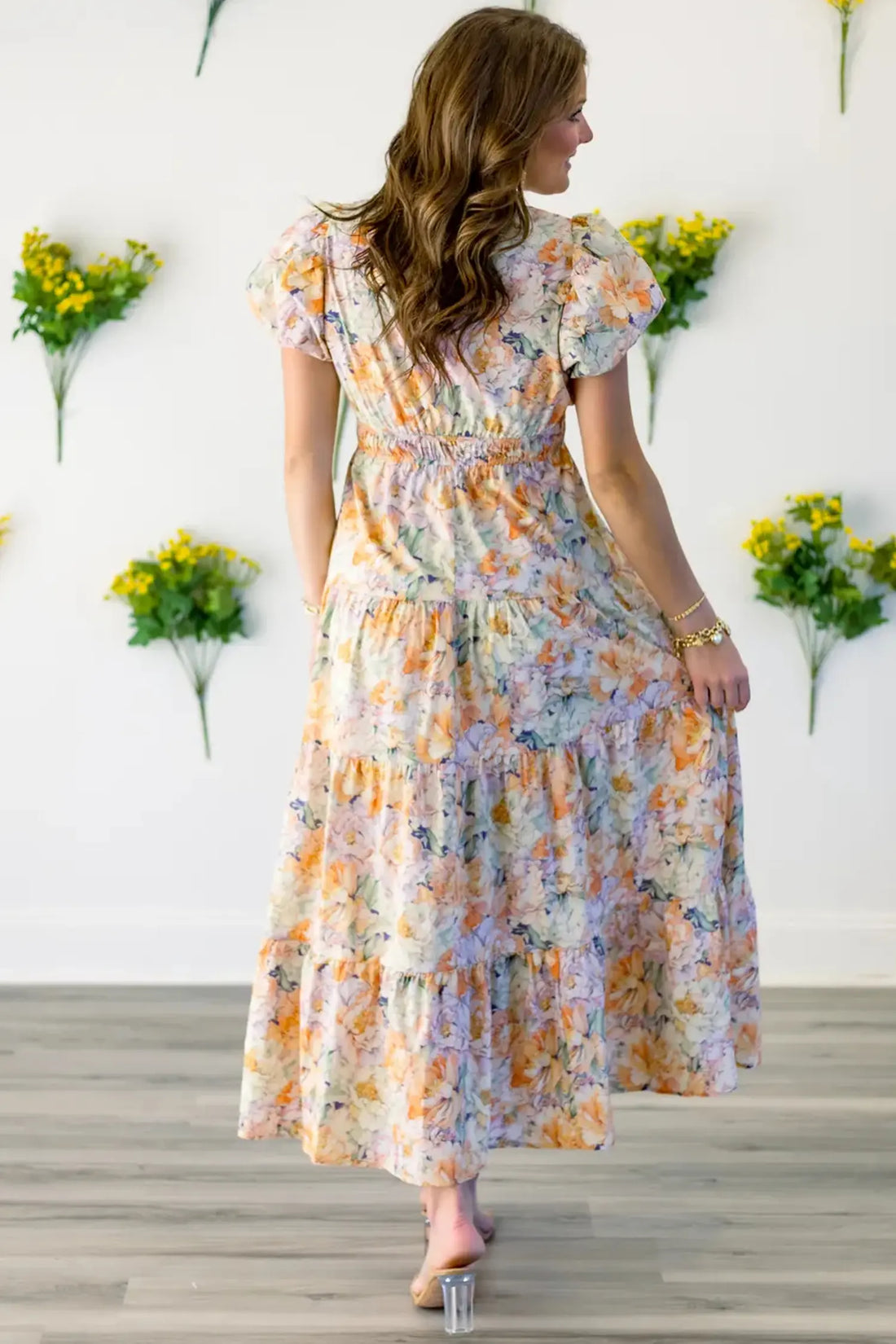 Floral Bubble Sleeve V-Neck Flared Maxi Dress