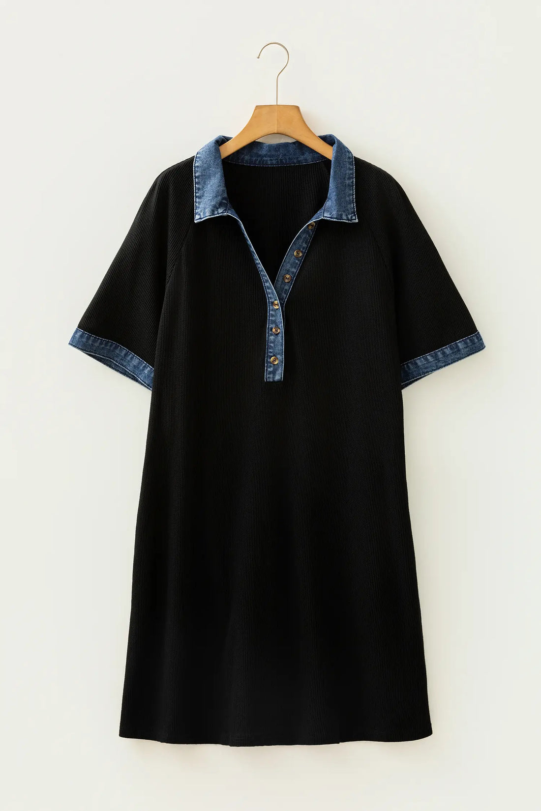 Colourblock Denim Collar Short Sleeve Plus Size Shift Dress – Black