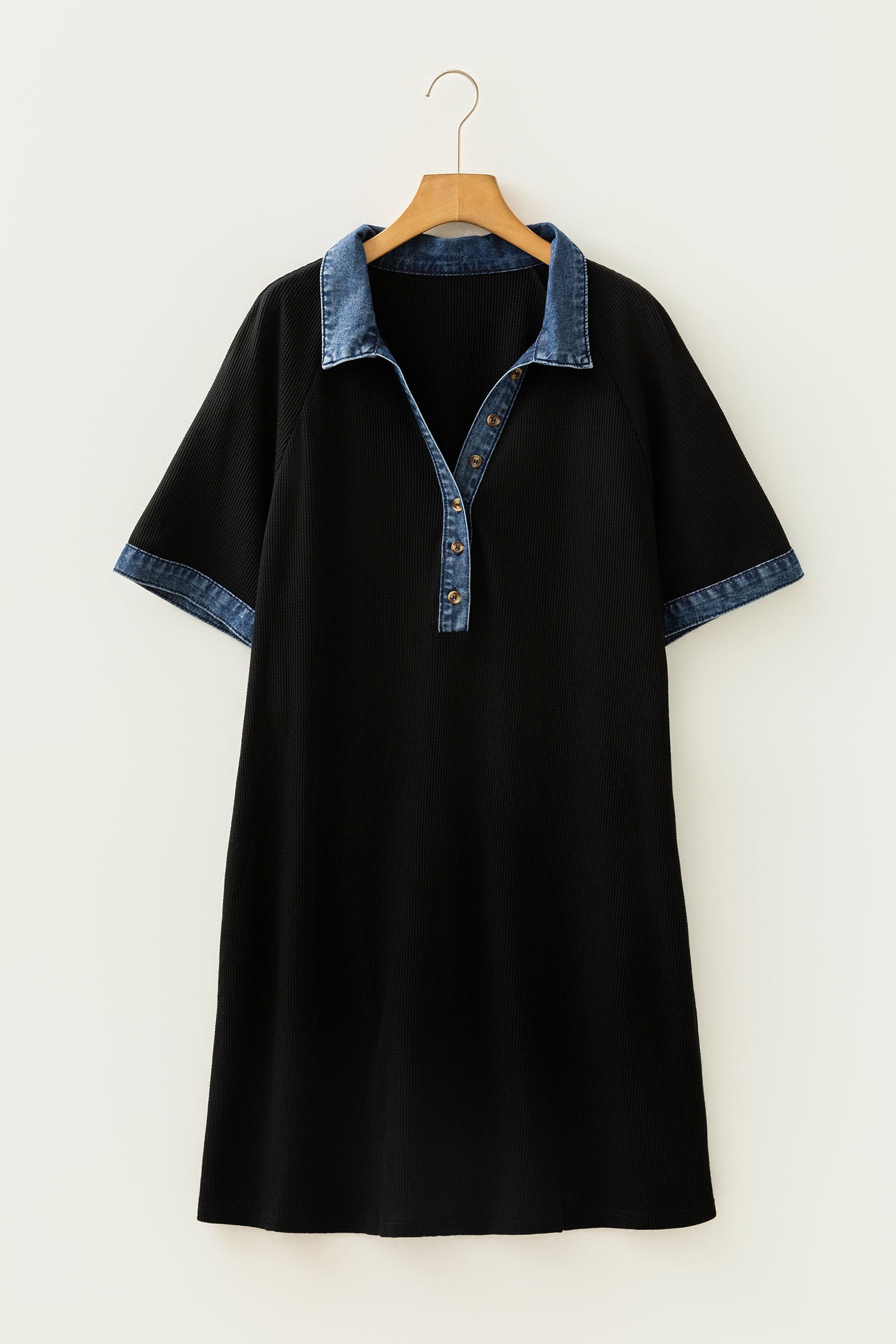 Colorblock Denim Collar Short Sleeve Plus Size Shift Dress – Black