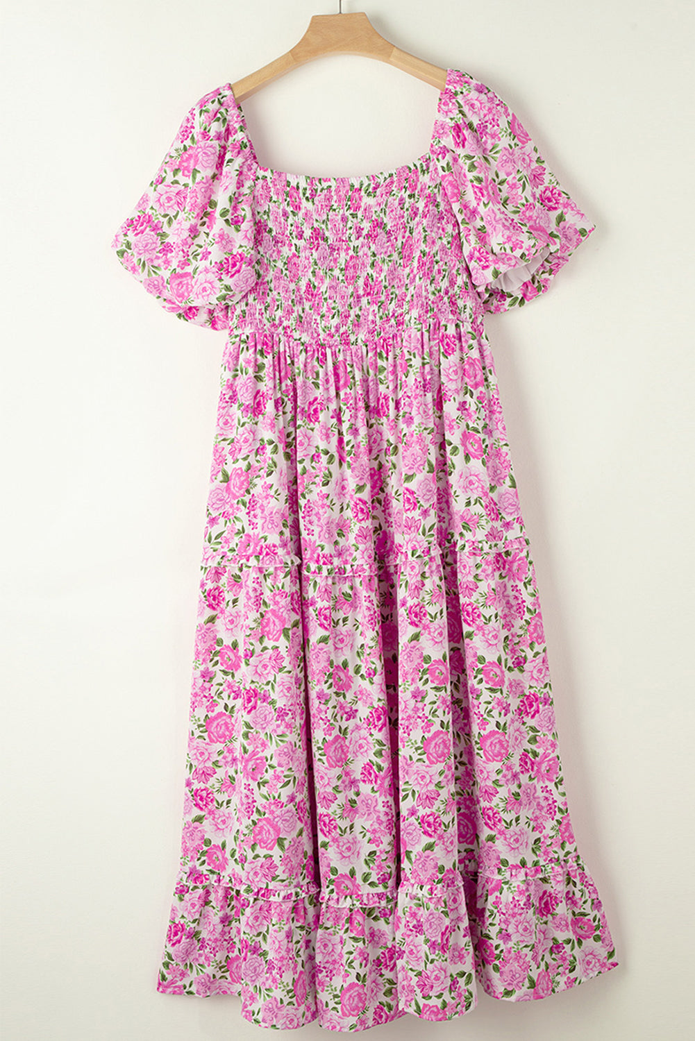 Pink Dainty Floral Smocked Puff Sleeve Flowy Long Dress eAura