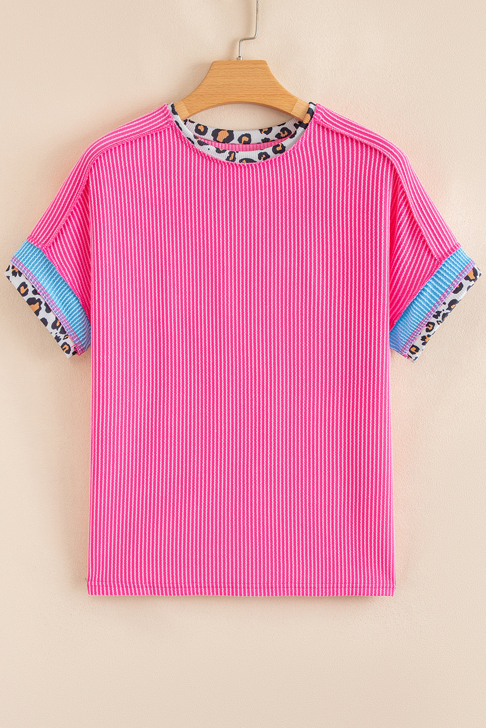 Leopard Patchwork Rib Crew Neck T-Shirt eAura