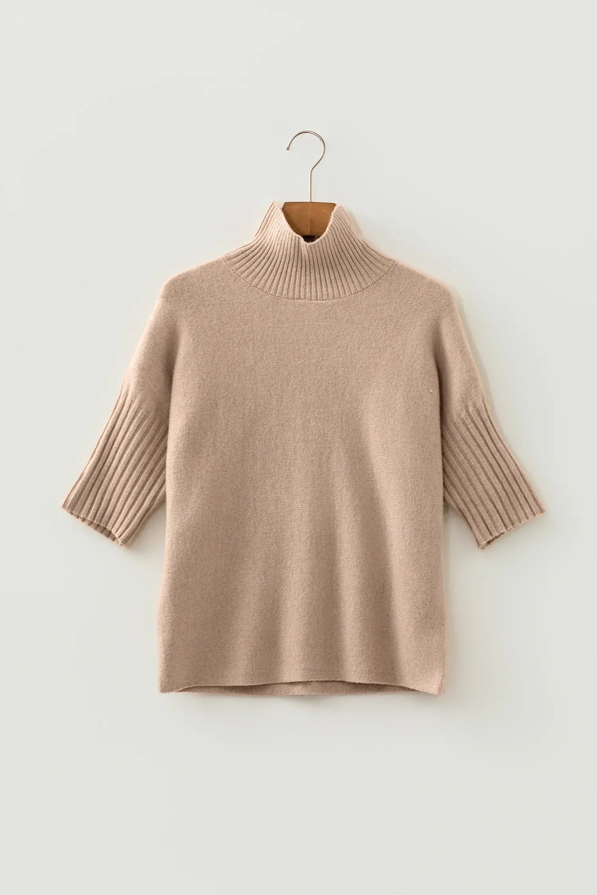 Ribbed Trim High Neck Short Sleeve Casual Sweater – Beige