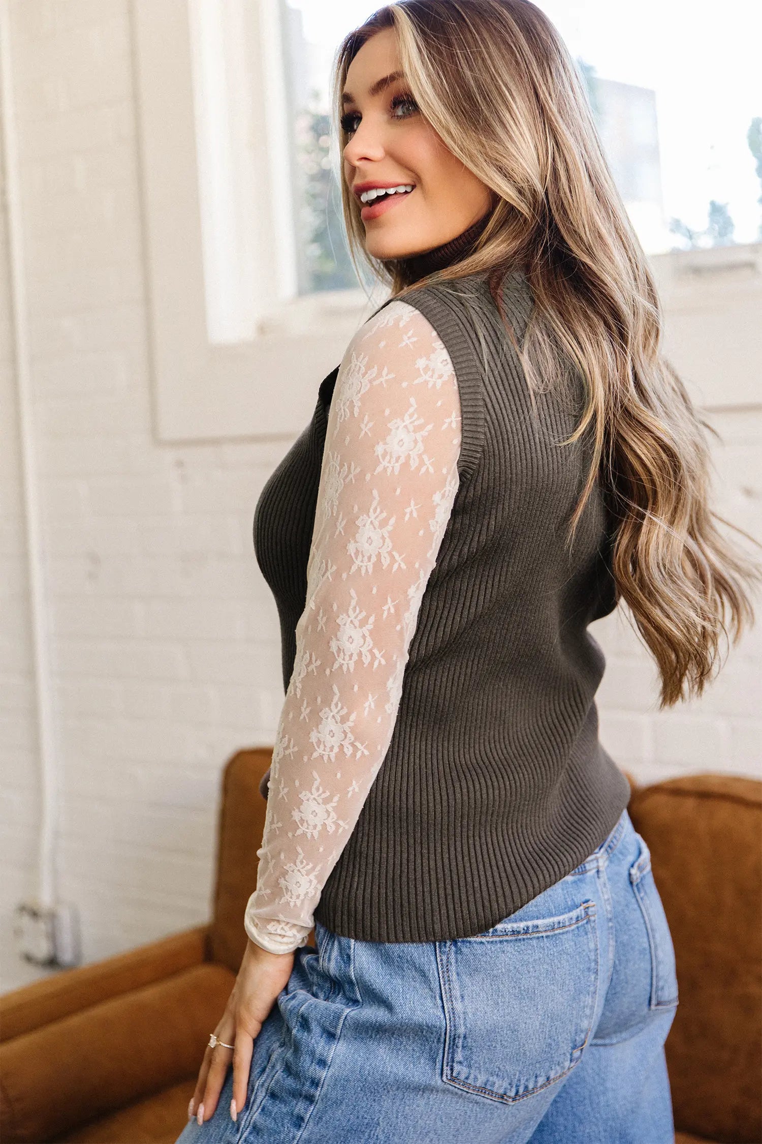 Western Ribbed Knit High Neck Sleeveless Waist Slim Fit Sweater Vest – Chicory Coffee