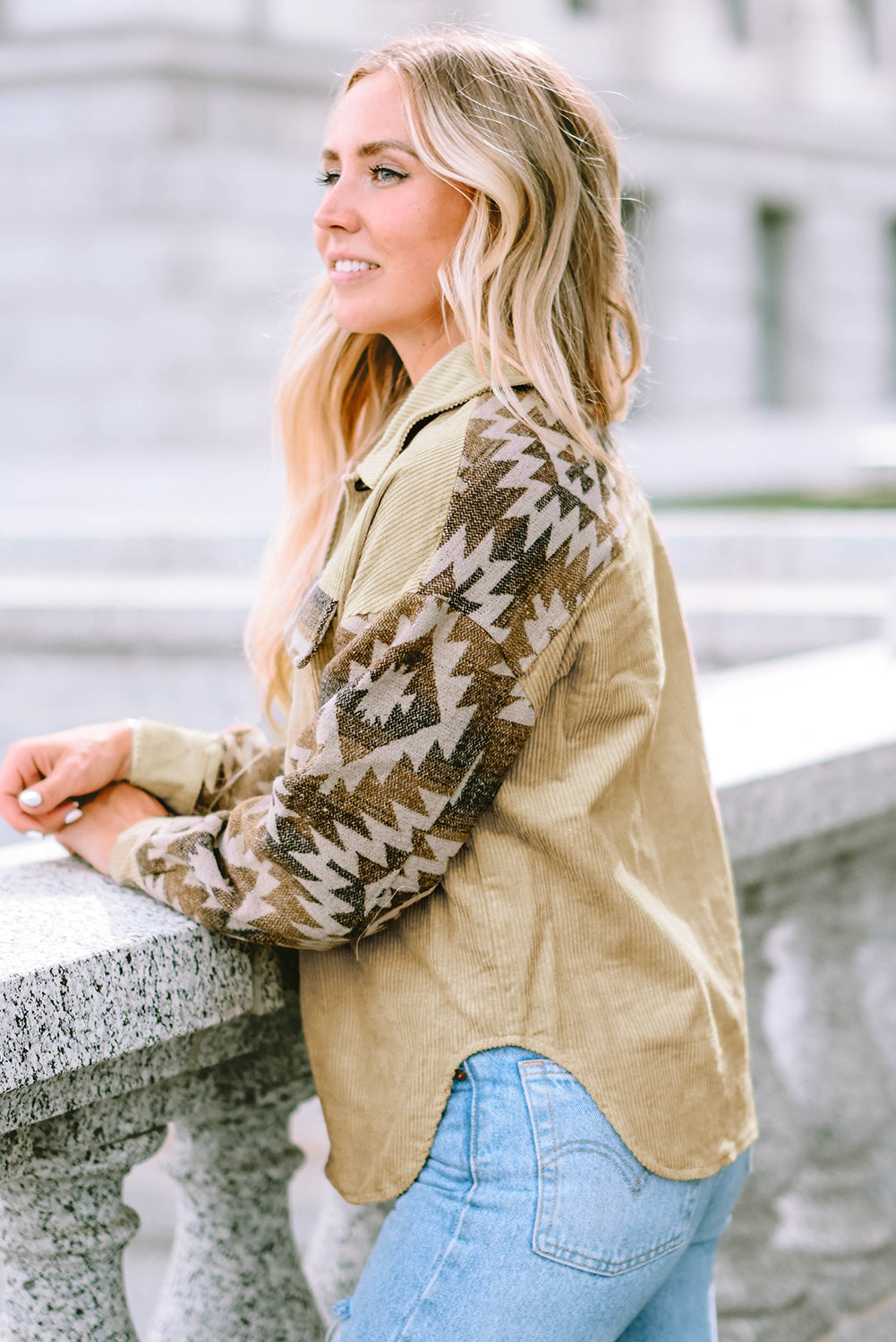 Khaki Aztec Print Patchwork Frayed Edge Corduroy Jacket eAura