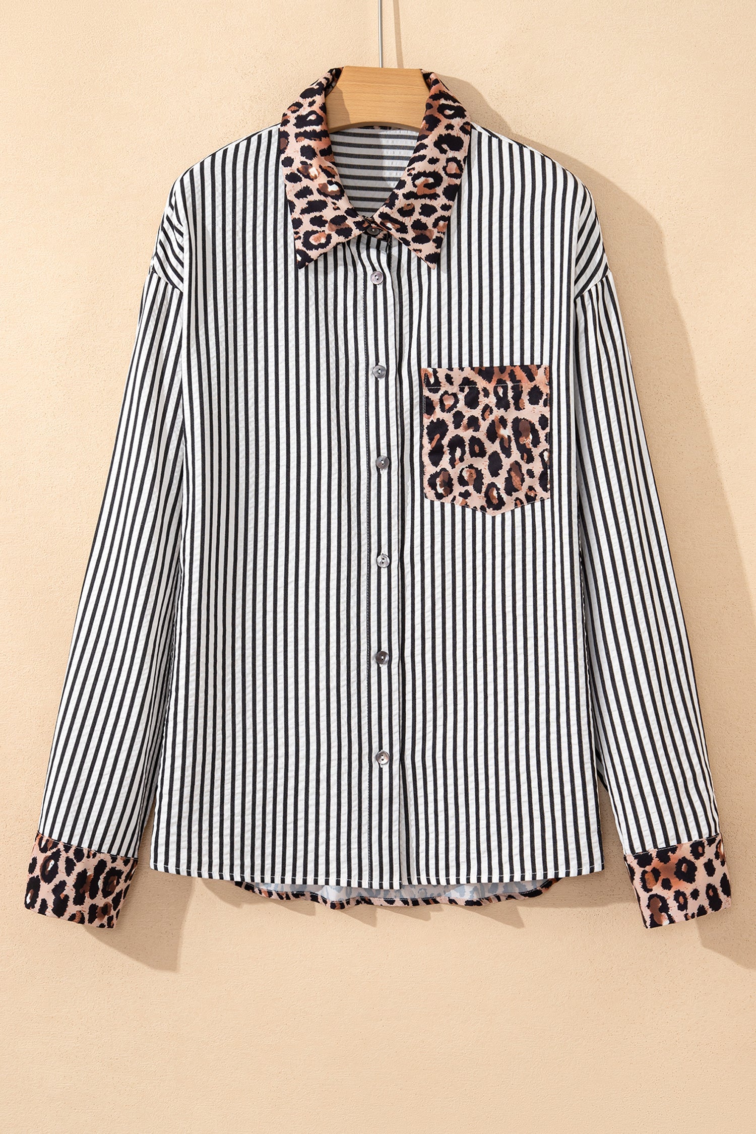 Striped Leopard Print Patchwork Button Up Shirt - eAura
