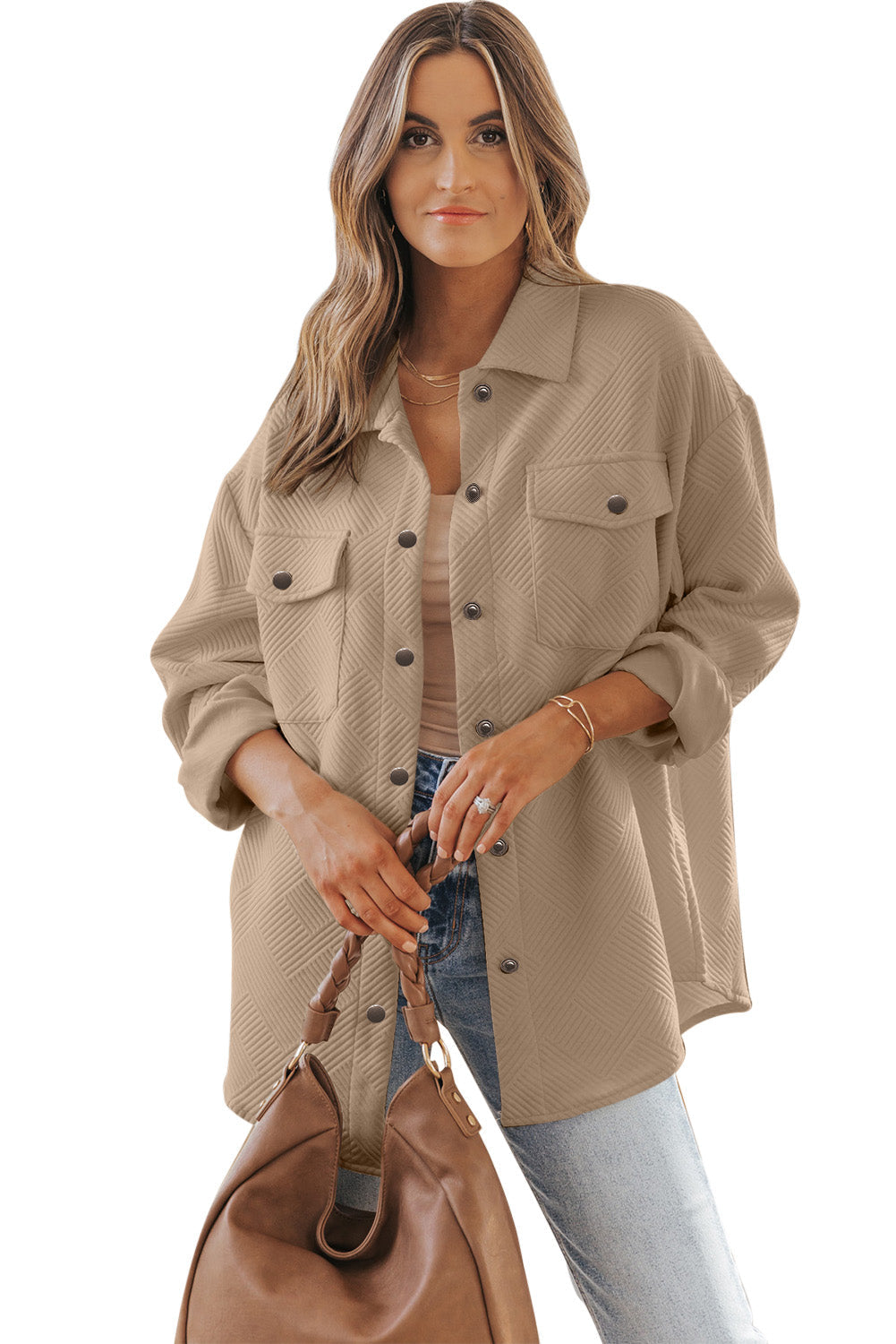 Khaki Solid Textured Flap Pocket Buttoned Shacket Beagle Boutique Fashion Outlet