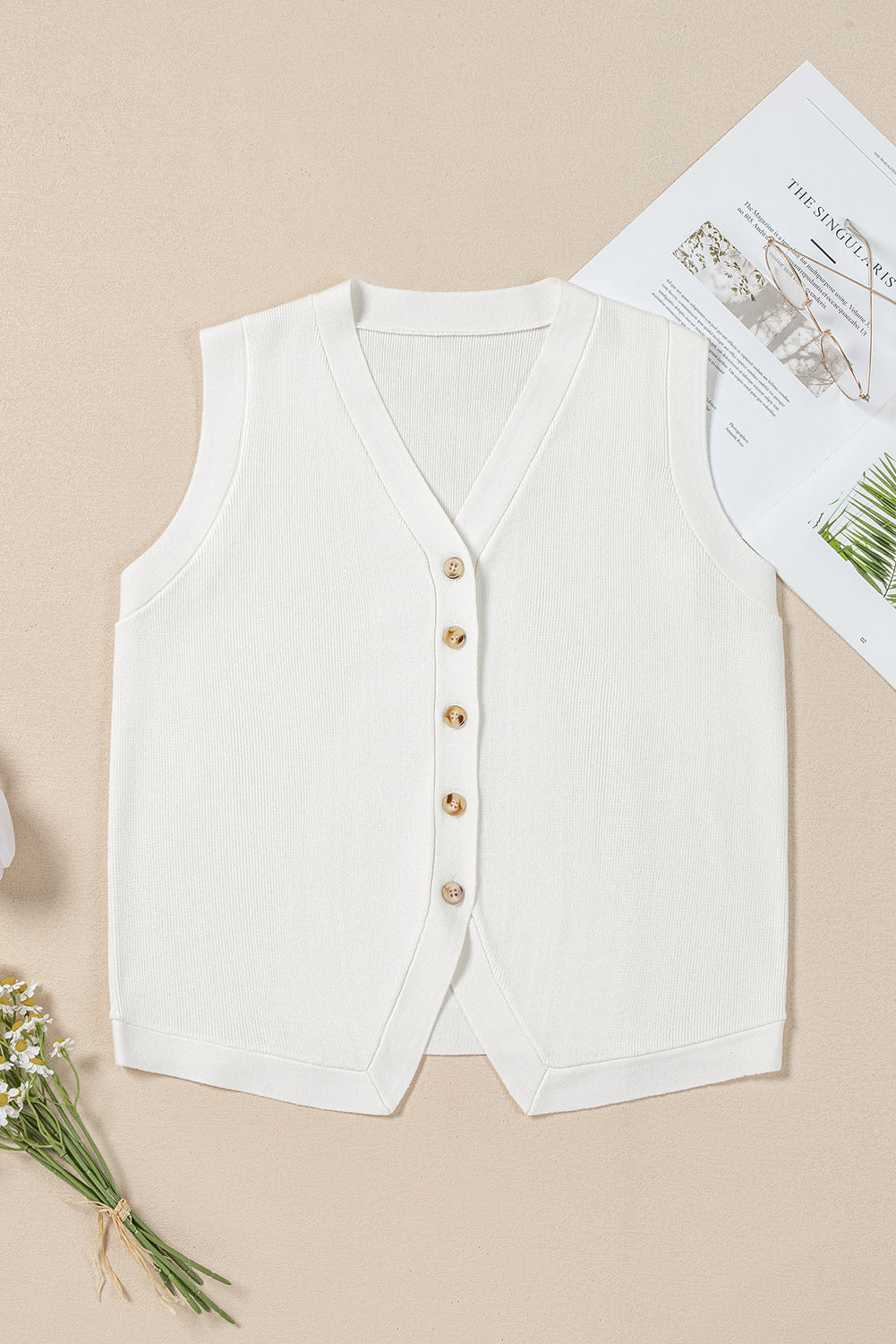 White V Neck Buttoned Sweater Vest eAura