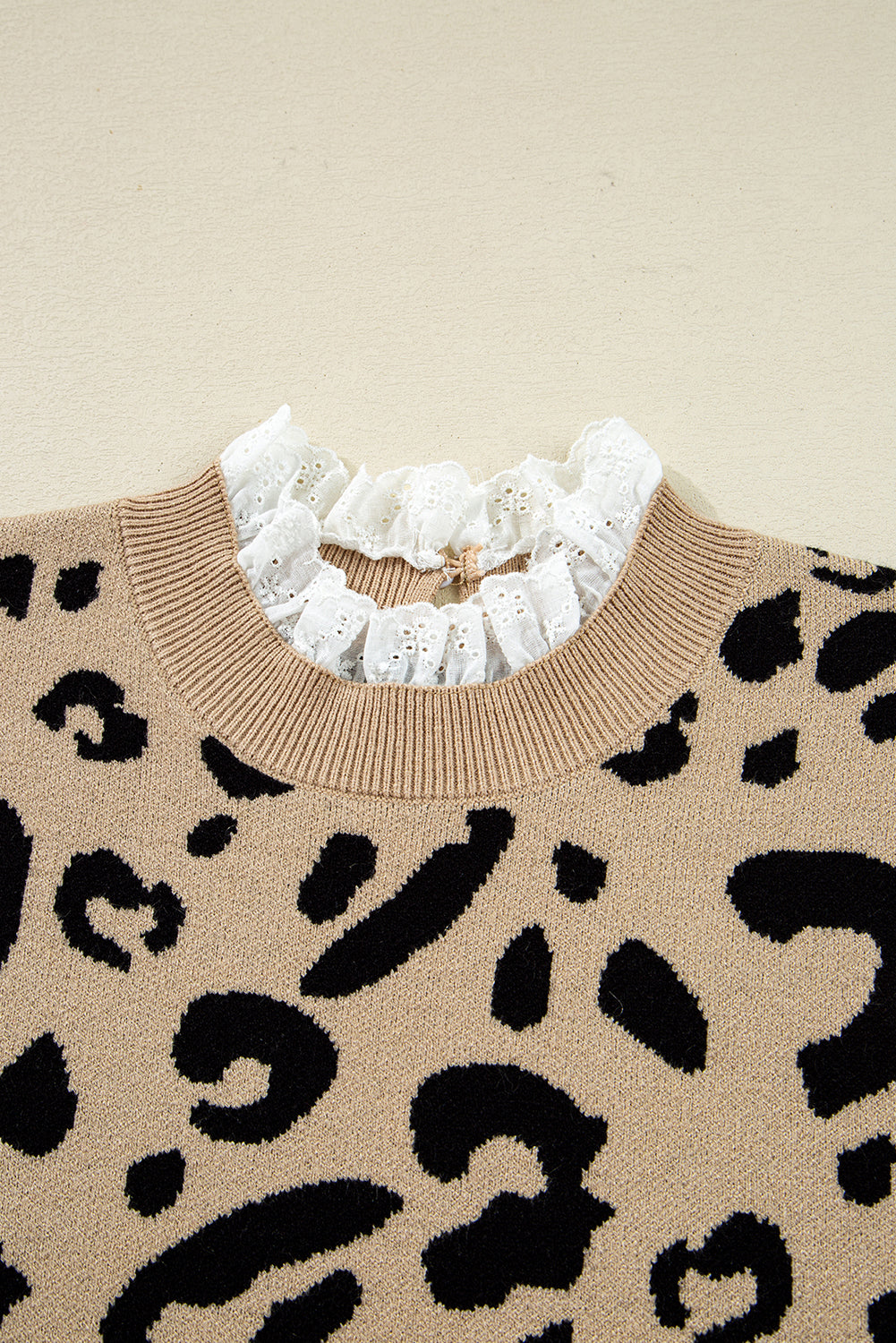 Brown Leopard Pattern Lace Ribbed Detail Button Cuffed Sweater eAura