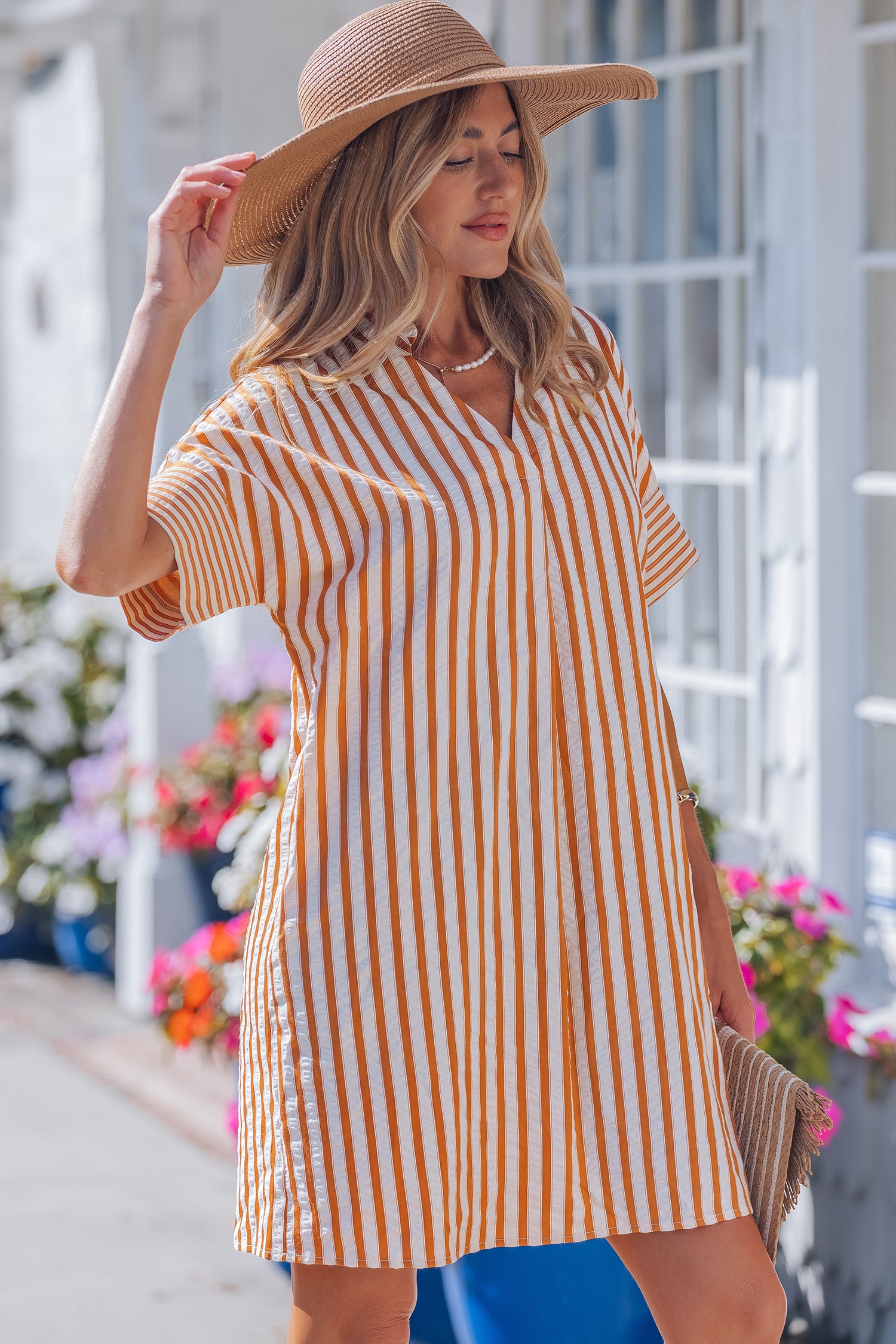 Stripe Pinched V-Neck Turn-Up Cuff Shift Mini Dress