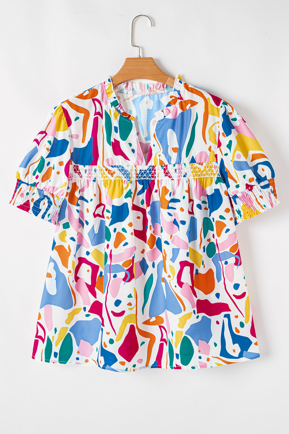 White Abstract Print Shirred Cuff Puff Sleeve Plus Size Blouse BB Fashion Outlet
