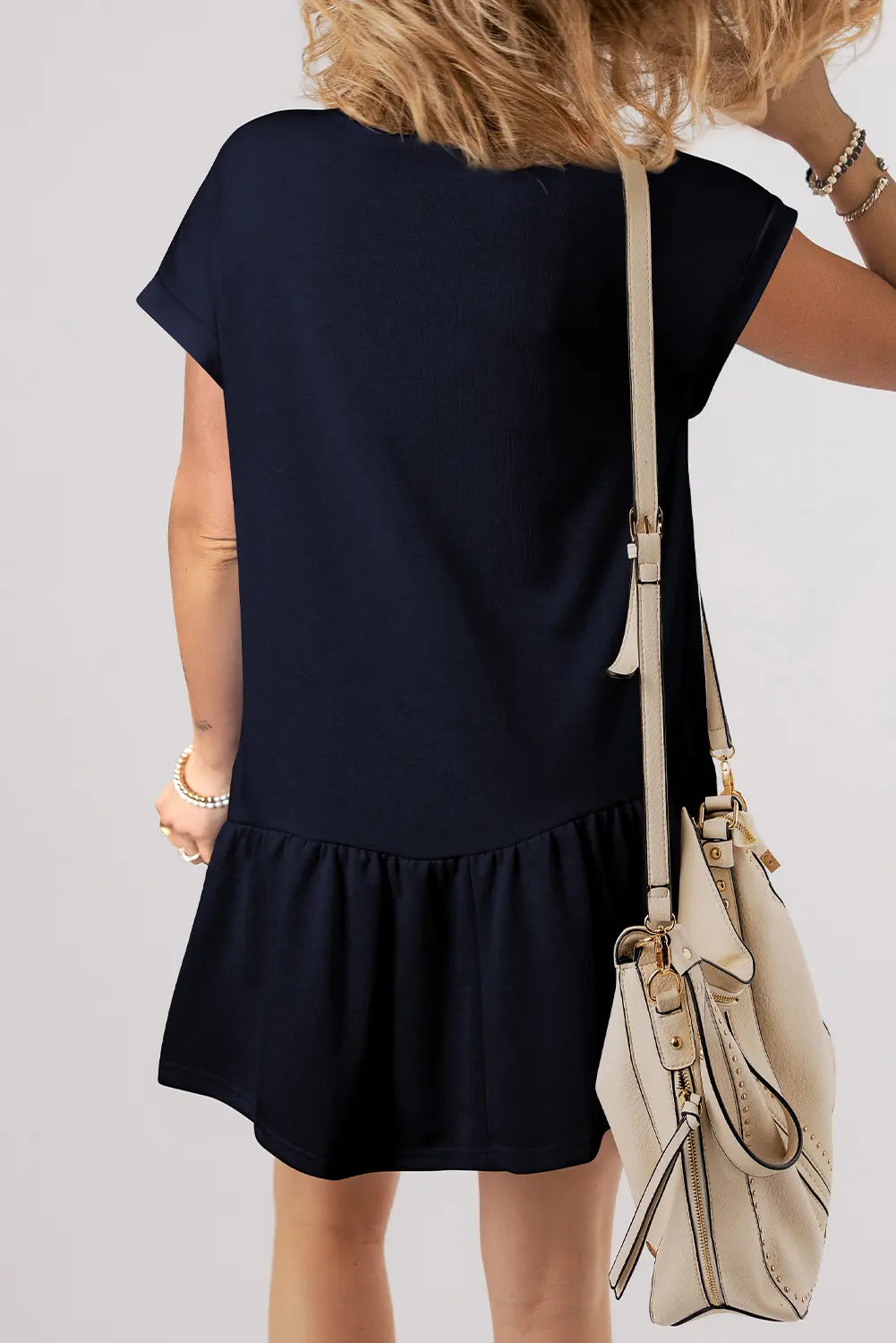Solid Colour Cap Sleeve Ruffle Hem Casual Short Dress – Navy Blue
