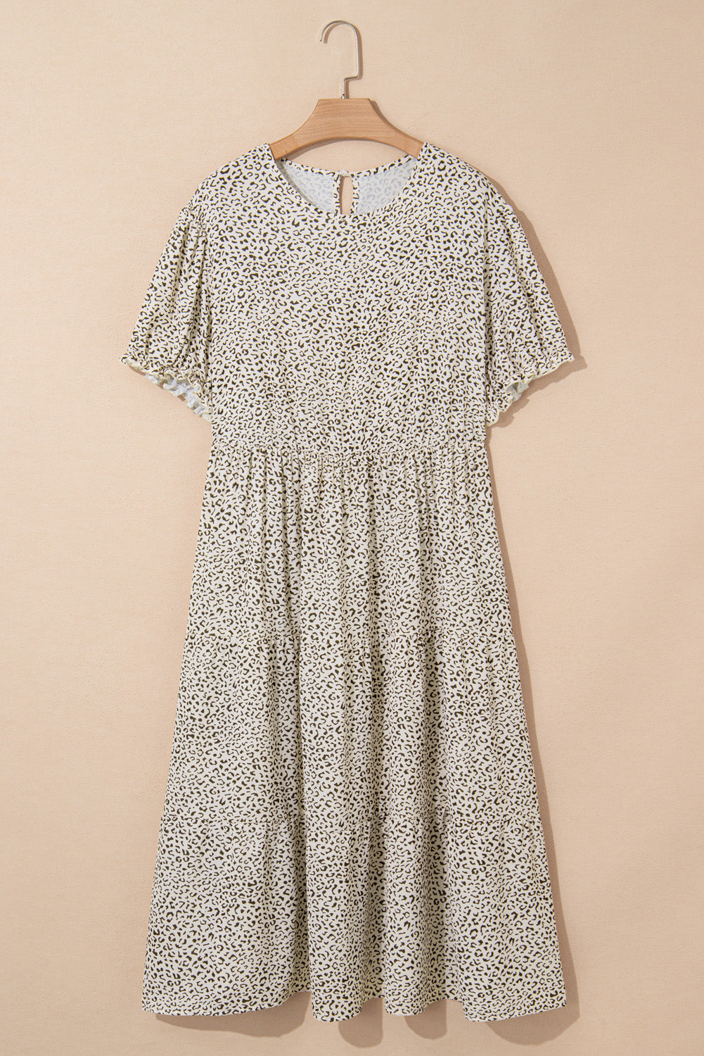 Beige Plus Size Leopard Print Frill Trim Short Sleeve Flared Dress BB Fashion Outlet
