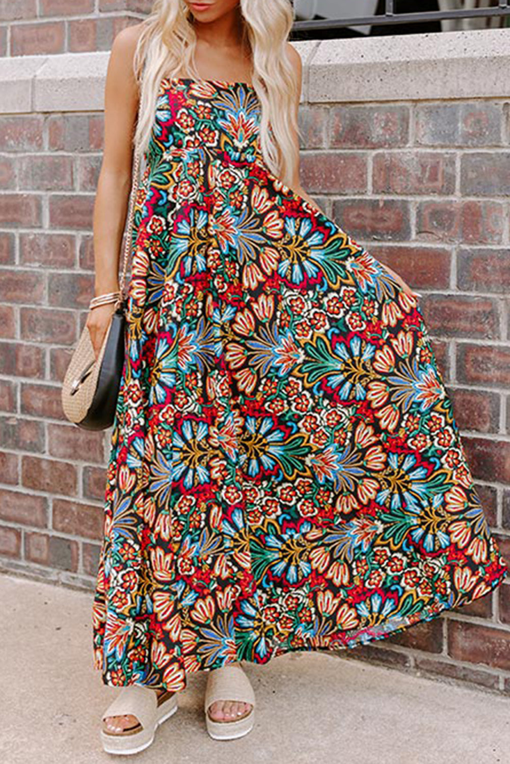 Black Boho Floral Print Thin Straps Sleeveless High Waist Maxi Dress eAura