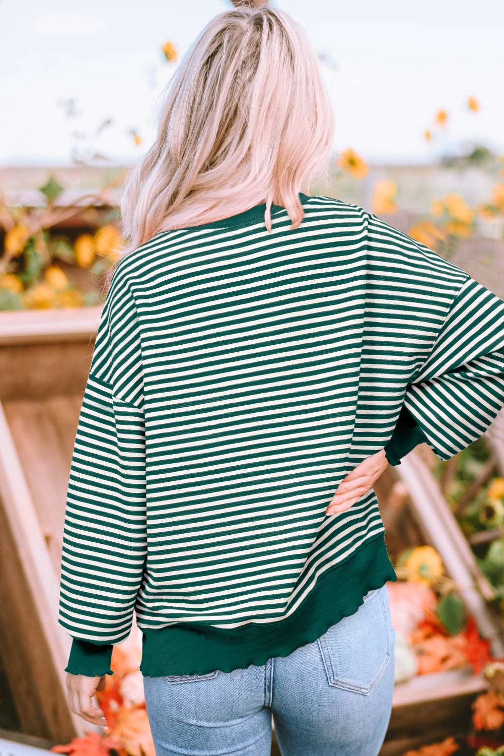 Green Stripe Loose Drop Shoulder Long Sleeve Top BB Fashion Outlet
