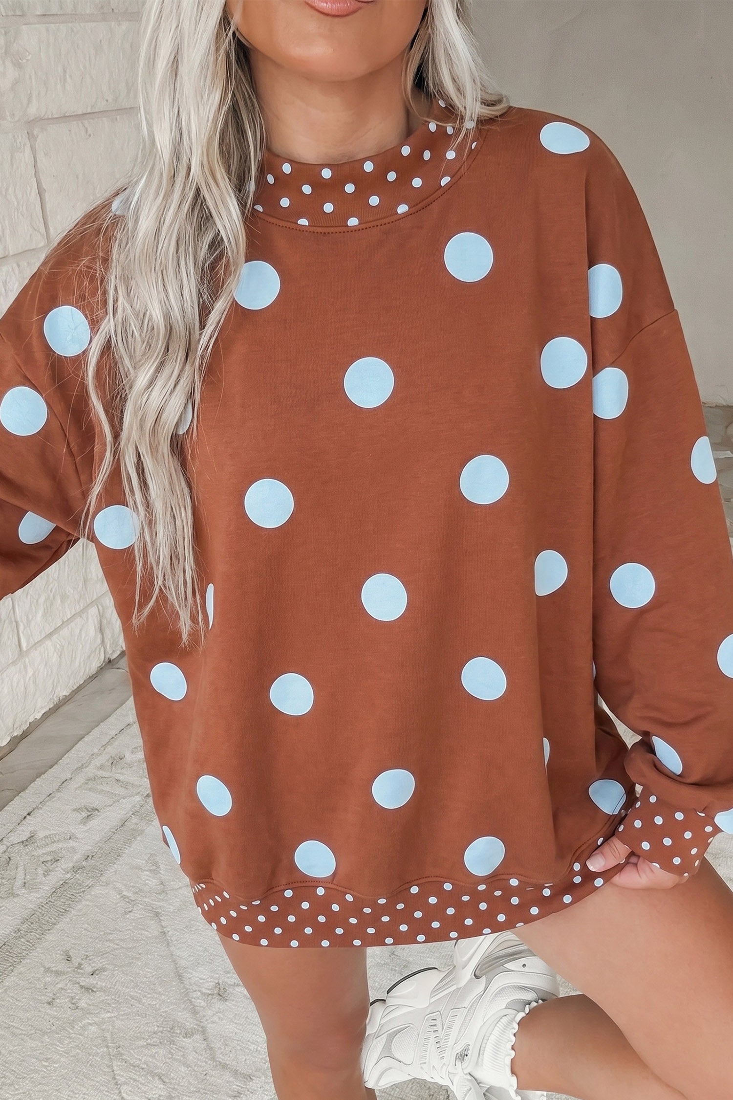 Polka Dot Print Contrast Detail Oversized Tunic Sweatshirt – Pink