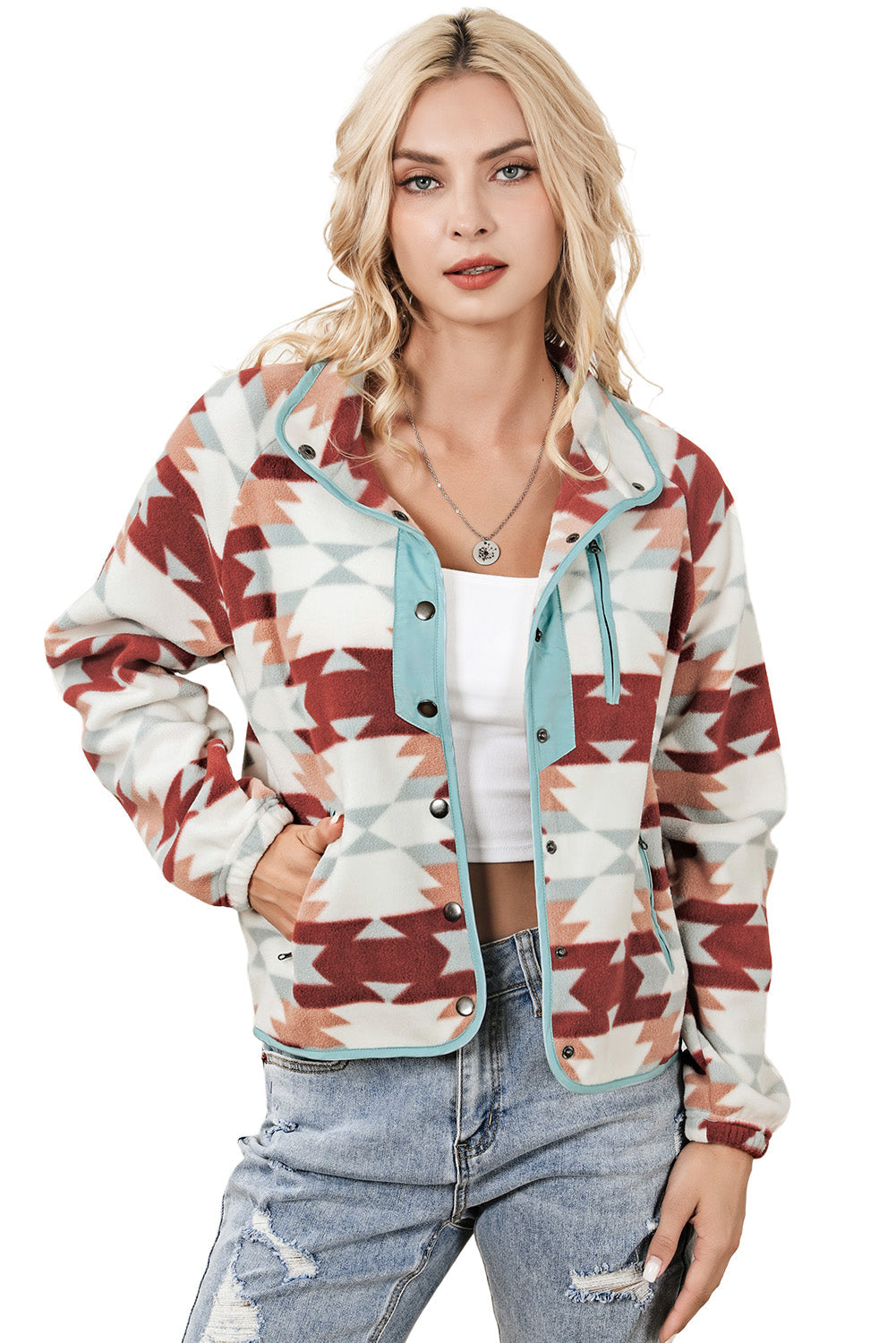 Fiery Red Western Aztec Buttoned Zipper Pockets Fleece Jacket eAura