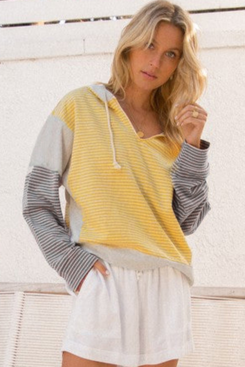 Yellow Stripe Drawstring V-Neck Loose Fit Hooded Top - eAura