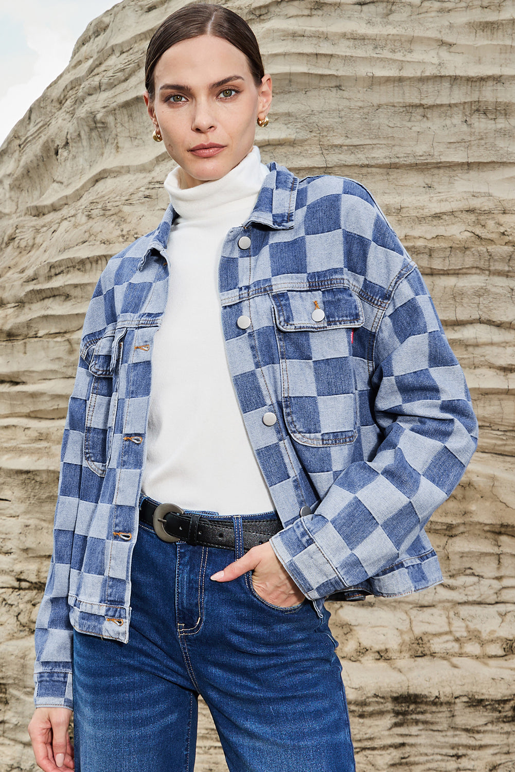 Light Blue Checkered Patchwork Button up Denim Jacket Beagle Boutique Fashion Outlet