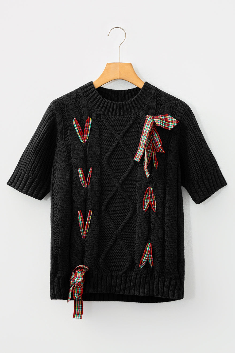 Plaid Lace up Detail Christmas Holiday Puff Short Sleeve Sweater - eAura