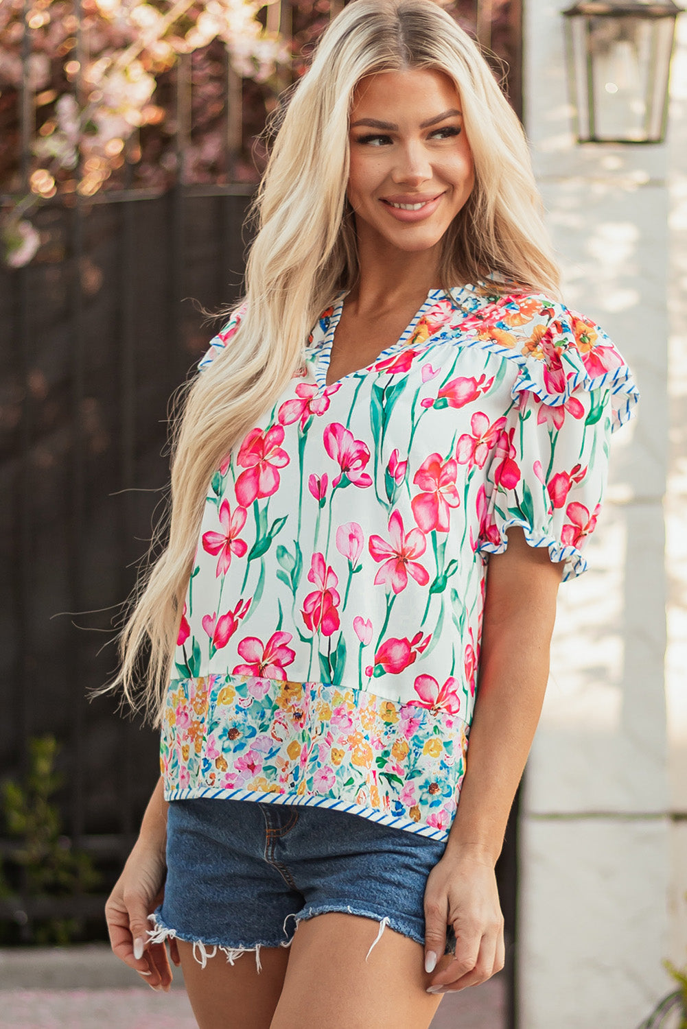 Pink Floral Print Striped Detail Split Neck Short Sleeve Blouse eAura