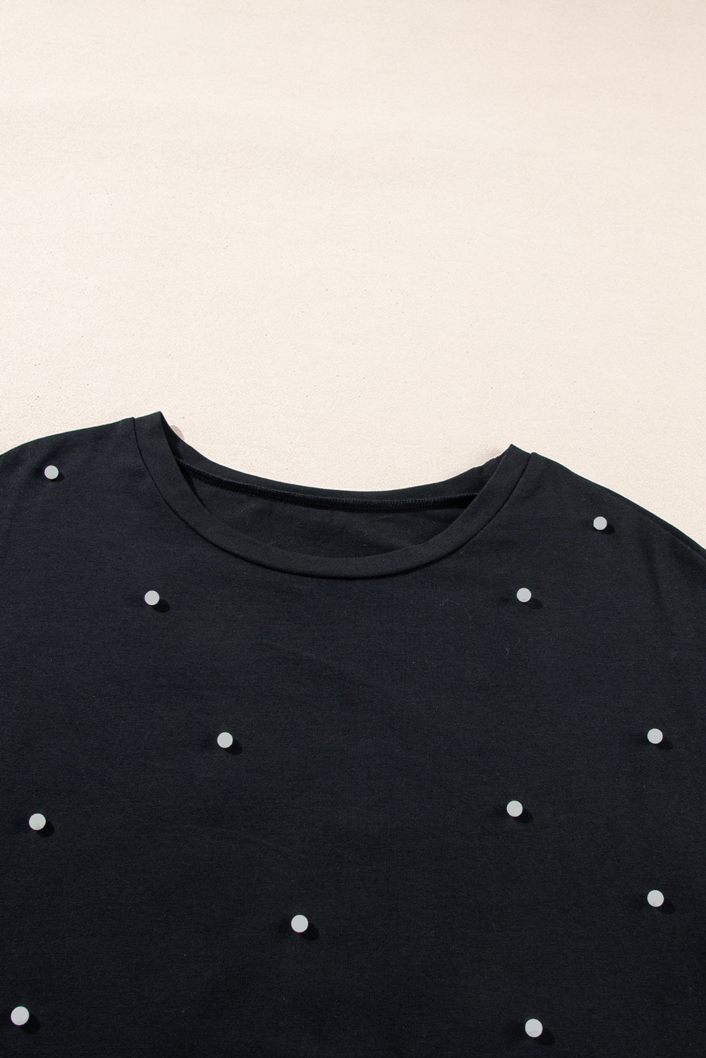Black Pearl Beaded Drop Shoulder Crewneck T Shirt eAura