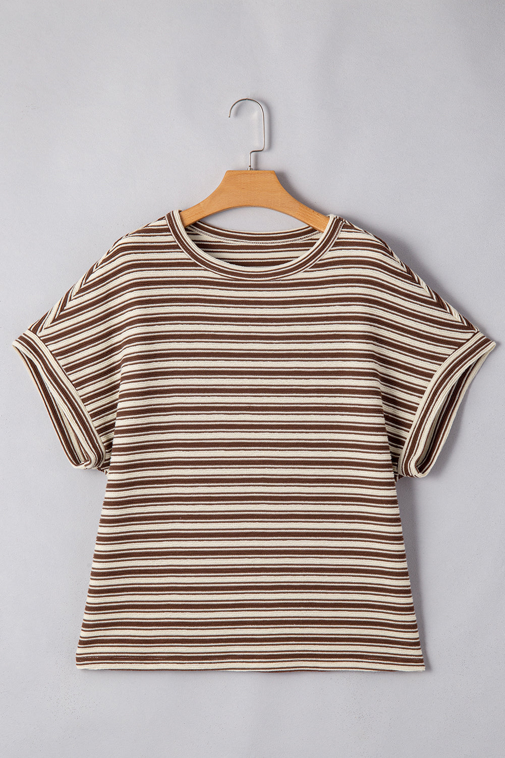 Brown Stripe Textured Side Slits Crew Neck T Shirt eAura