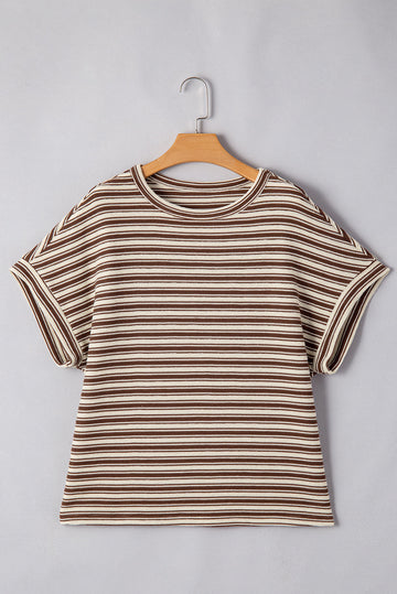Brown Stripe Textured Side Slits Crew Neck T Shirt eAura