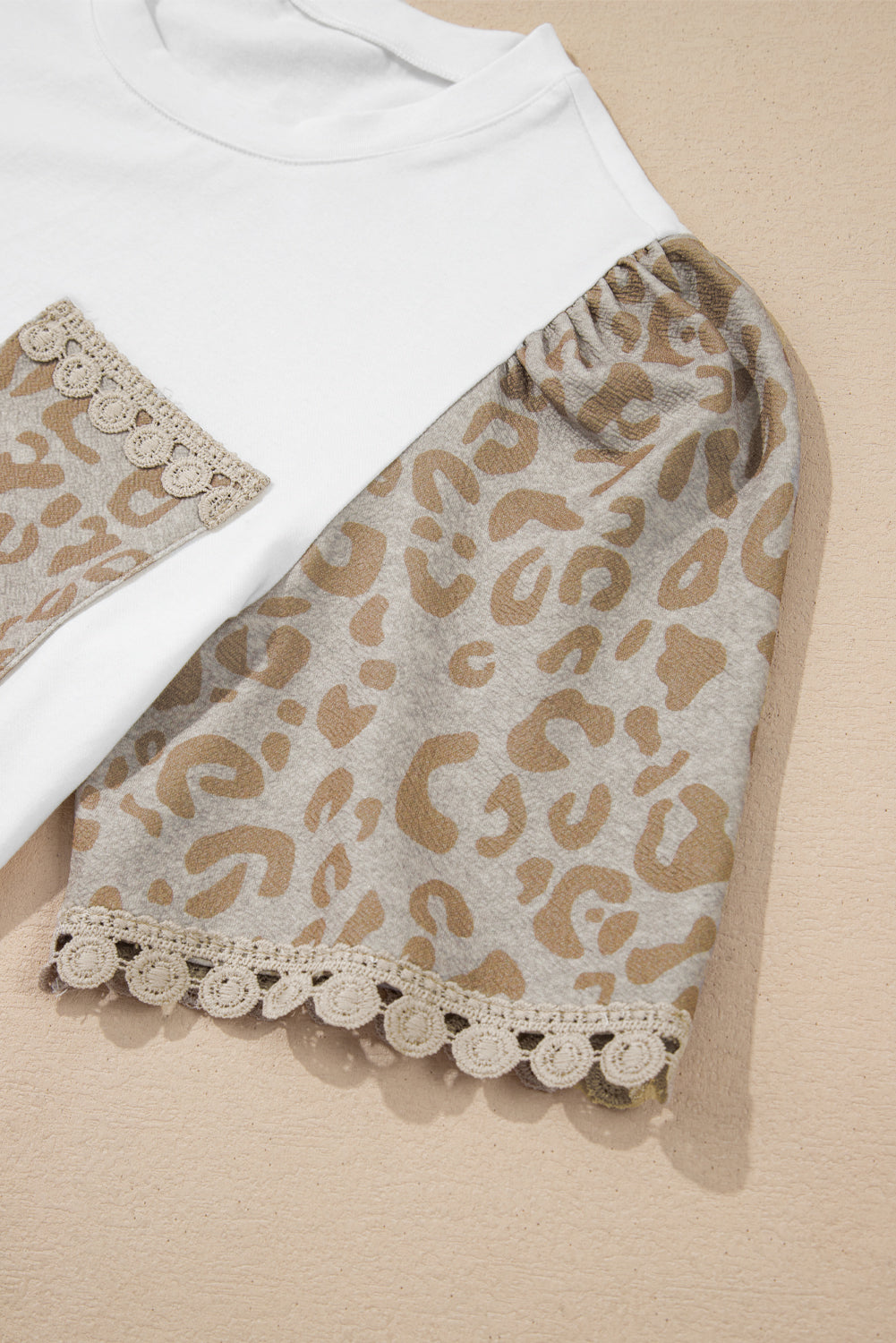White Leopard Patchwork Crochet Lace Trim Puff Sleeve T Shirt eAura