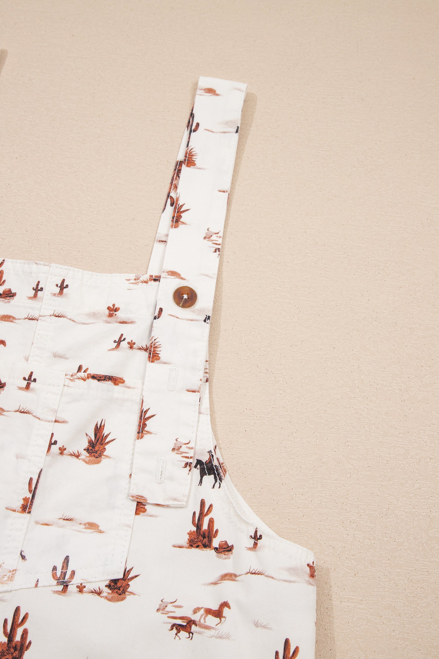 Western Printed Button Adjustable Straps Loose Jumpsuit Dungarees – Beige