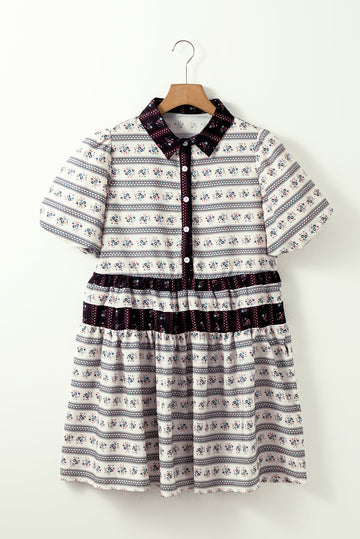 Black Boho Floral Striped Contrast Trim Bubble Sleeve Flared Dress - Dresses/Floral Dresses