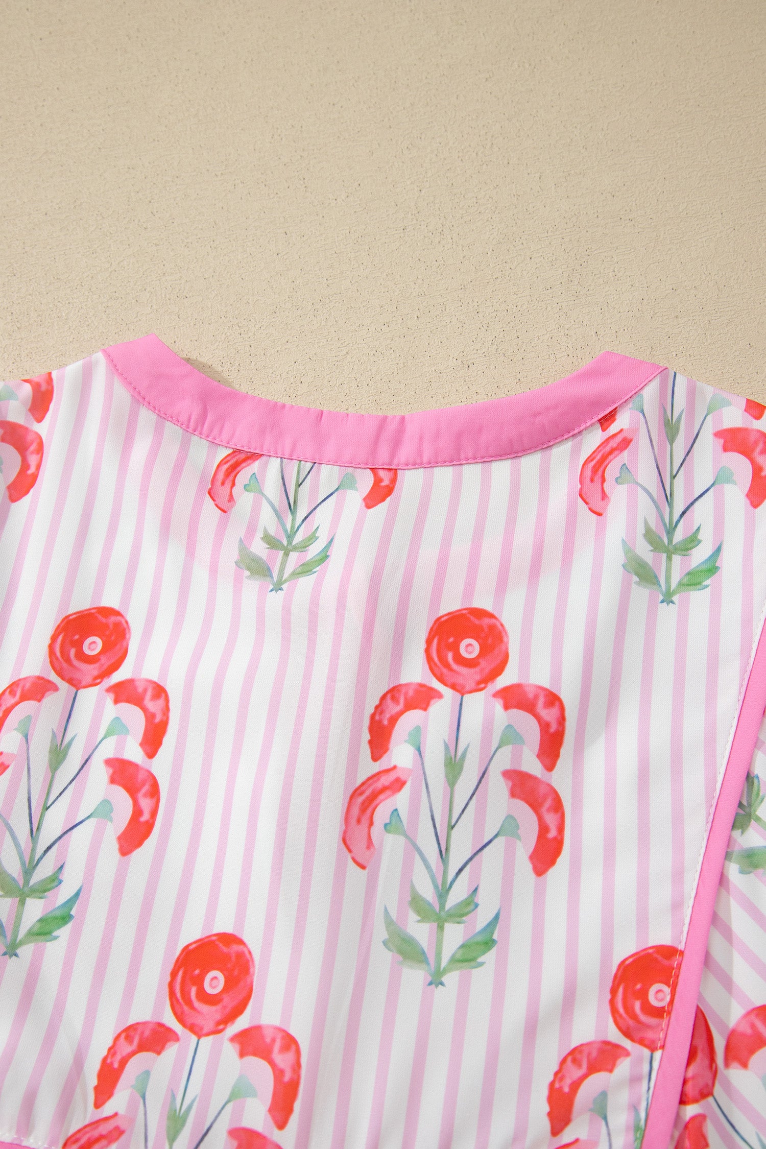 Floral Striped Tie Neck Puff Sleeve Mini Dress – Light Blue & Pink