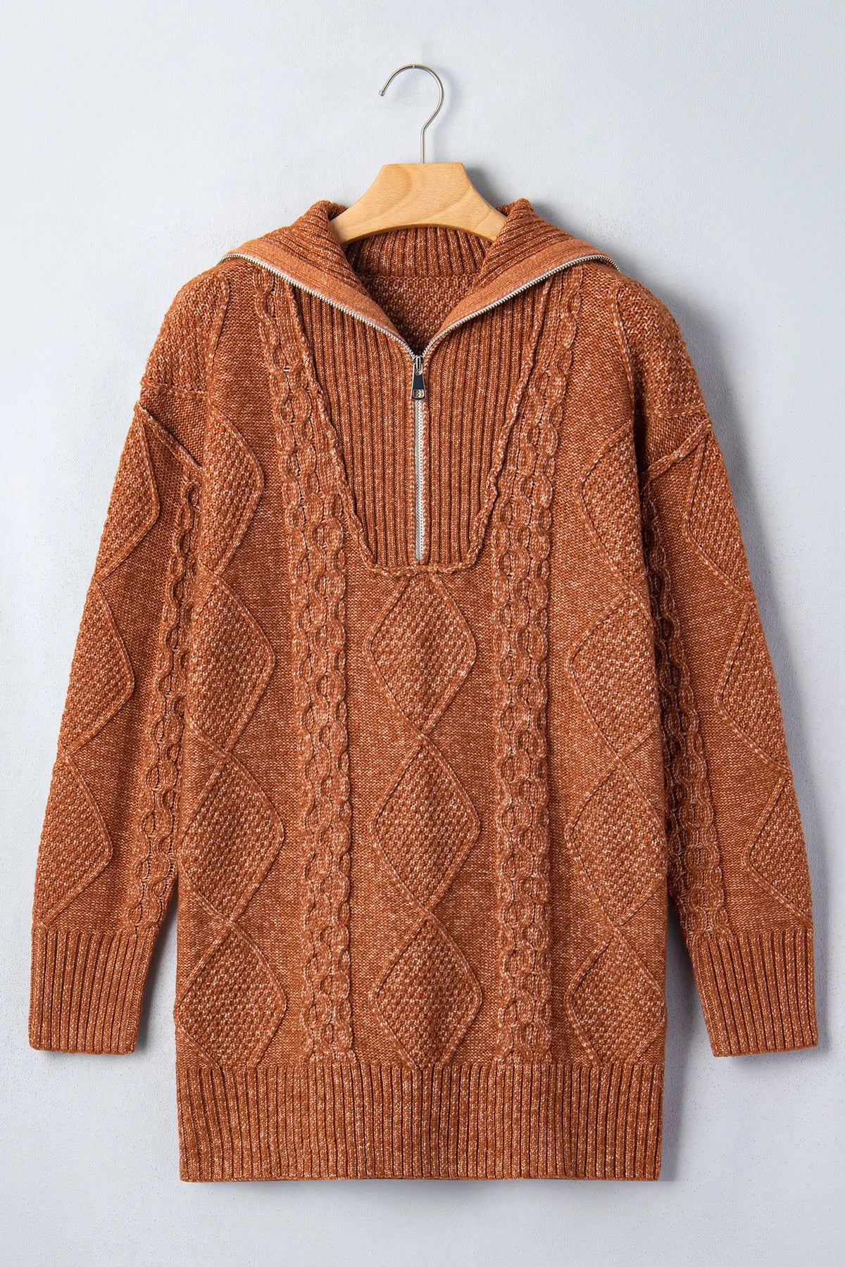Zip-Up Cable Knit Drop Shoulder Sweater Dress – Clay