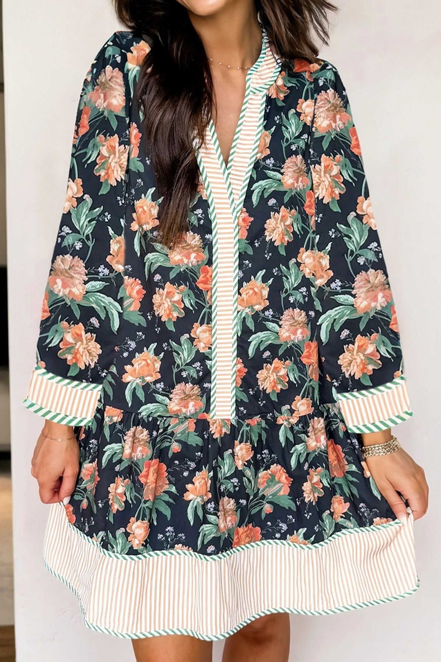 Floral Print Striped Trim V-Neck Long Sleeve Ruffle Hem Shift Mini Dress - eAura