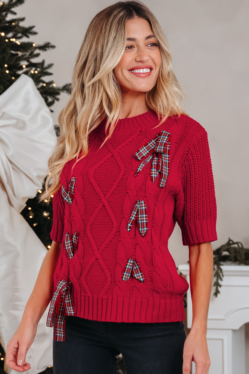 Plaid Lace up Detail Christmas Holiday Puff Short Sleeve Sweater - eAura