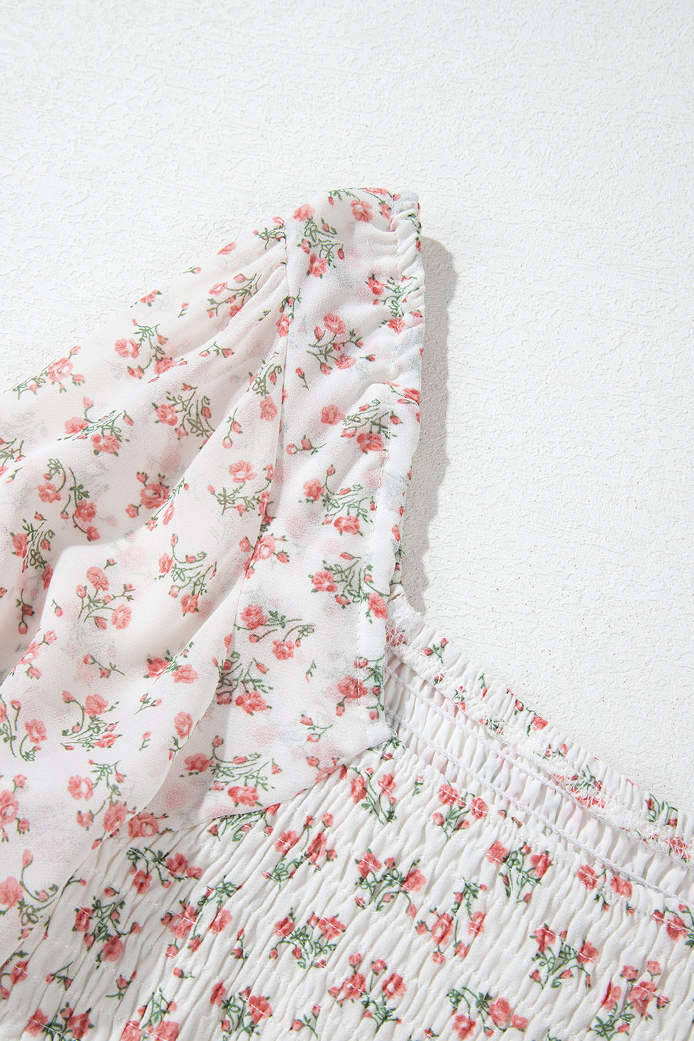 White Floral Print Shirred Ruffled Hem Square Neck Midi Dress eAura