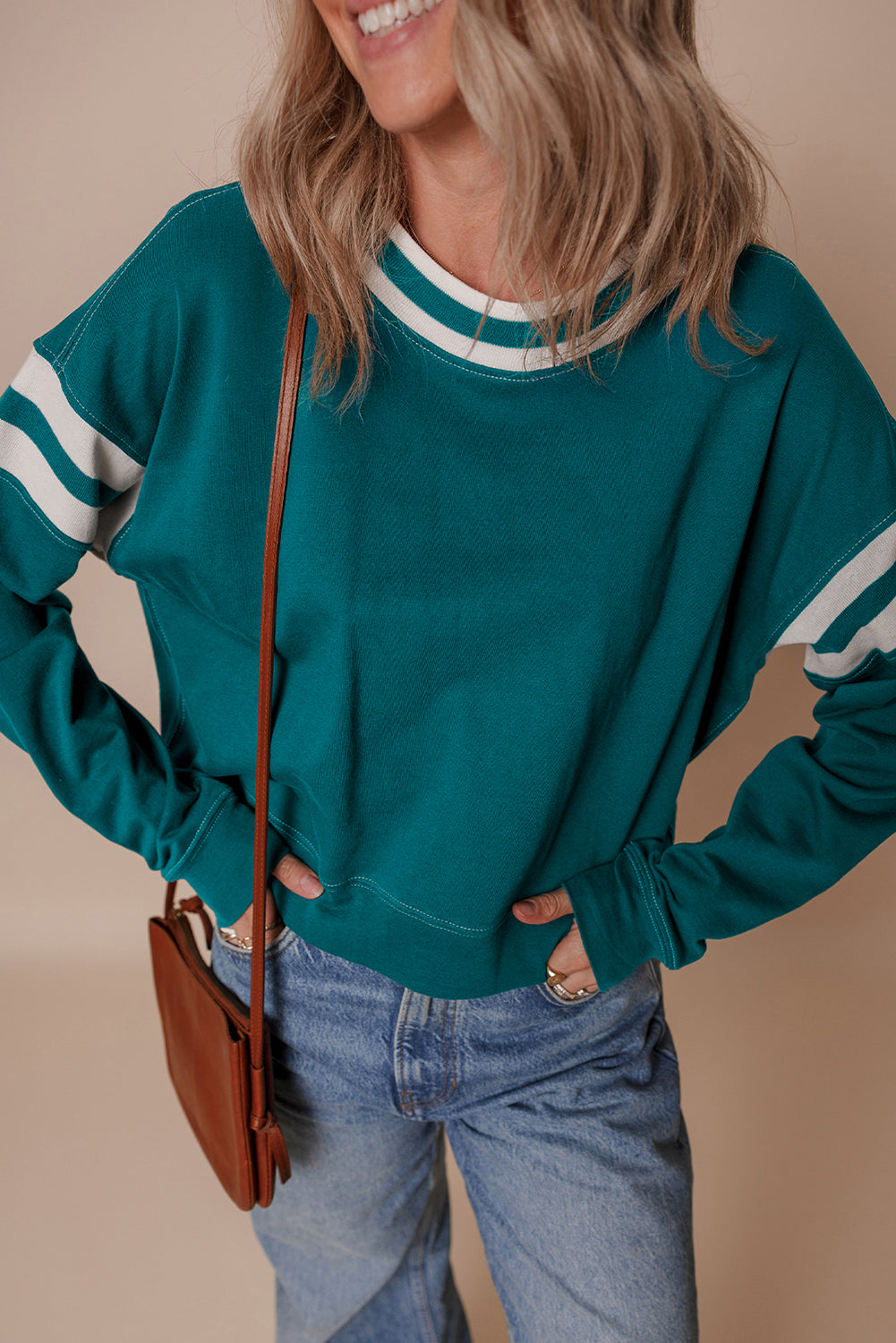 Green Contrast Striped Patchwork Drop Shoulder Sweatshirt - eAura