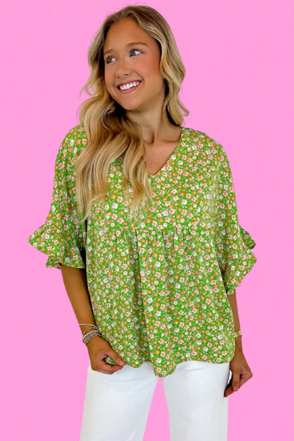 Green Floral Print Ruffle Sleeve V Neck Blouse Top eAura