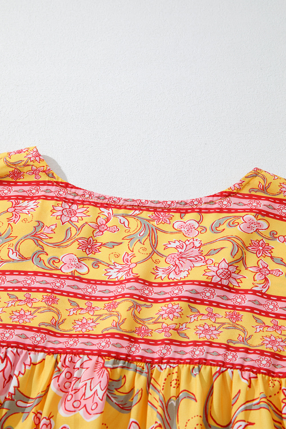 Yellow Floral Notched Neck Ruffled Sleeve Casual Blouse eAura