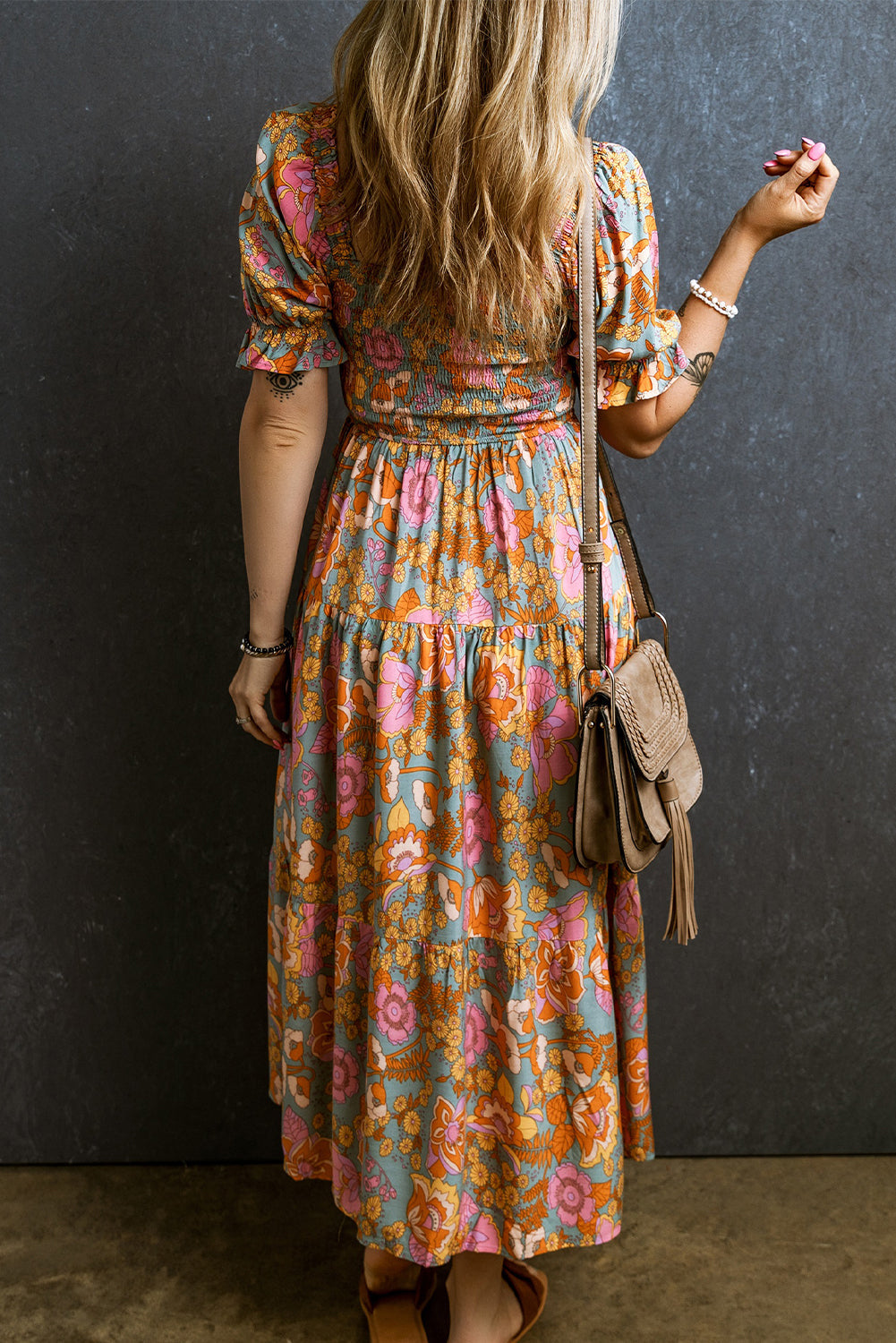 Yellow Smocked Bodice High Waist Puff Sleeve Floral Dress BB Fashion Outlet