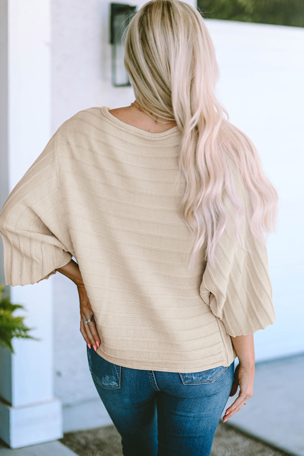 Black Exposed Seam Ribbed Knit Dolman Top eAura
