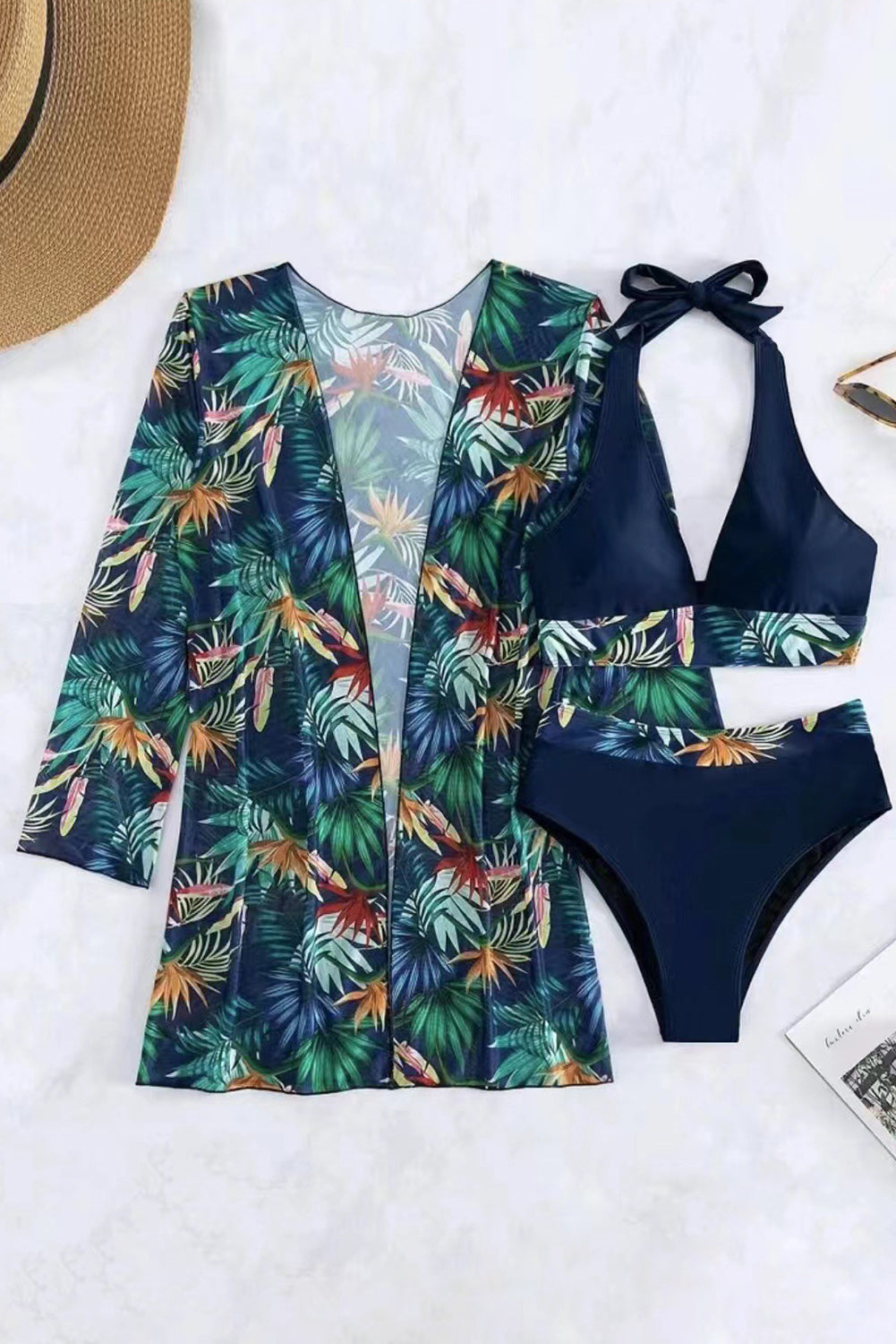 3pcs Tropical Contrast Trim Halter Bikini Set with Cover up eAura