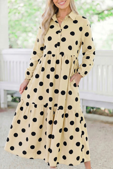 Polka Dot Button Front Long Sleeve Shift Dress