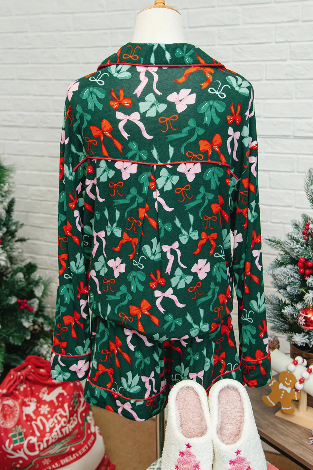 Festive Bow Print Long Sleeve Shirt and Pyjama Short Set - Green / S - Loungewear & Sleepwear/Pyjama Shorts
