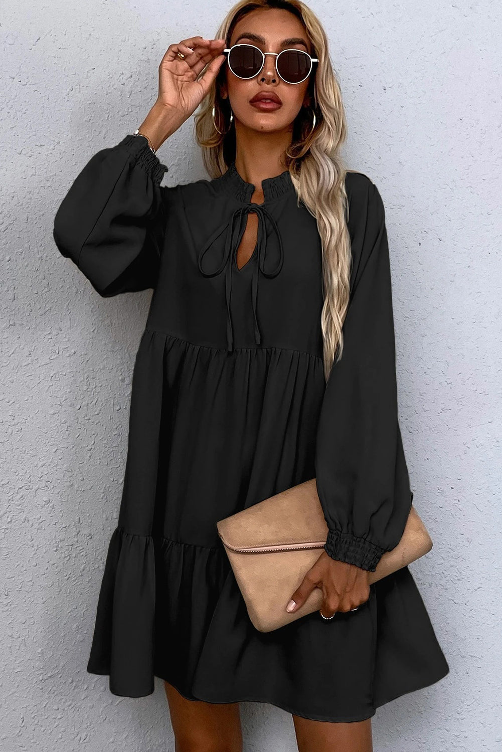 Black Tie Neck Smock Dress Long Sleeve Ruffle Hem eAura