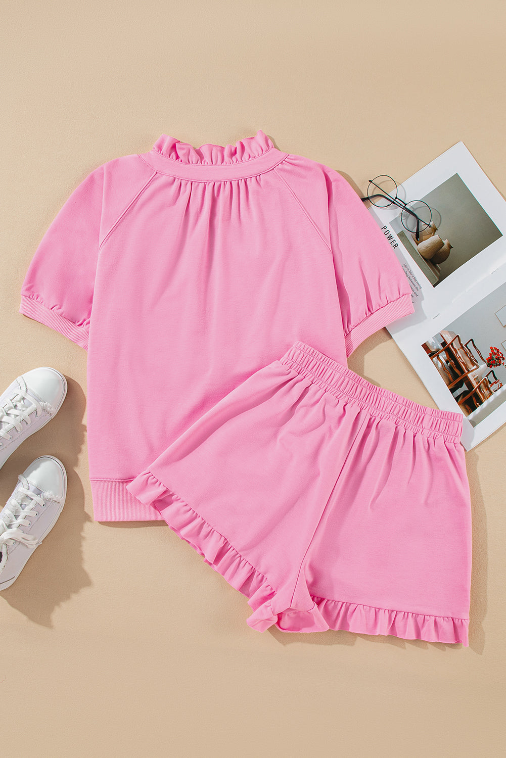 Pink Half Zip Puff Sleeve Top and Ruffled Shorts Set eAura