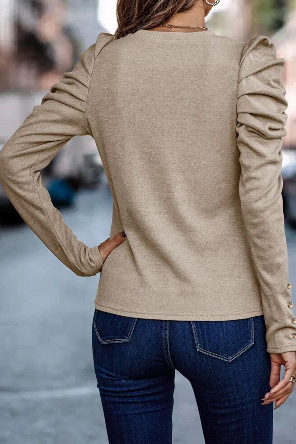 Khaki Buttoned Puff Long Sleeve Sheath Top eAura