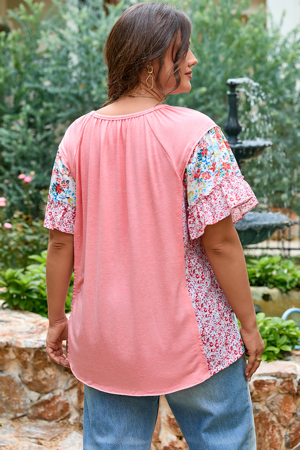 Pink Plus Size Floral Patchwork Ruffled Short Sleeve Blouse BB Fashion Outlet