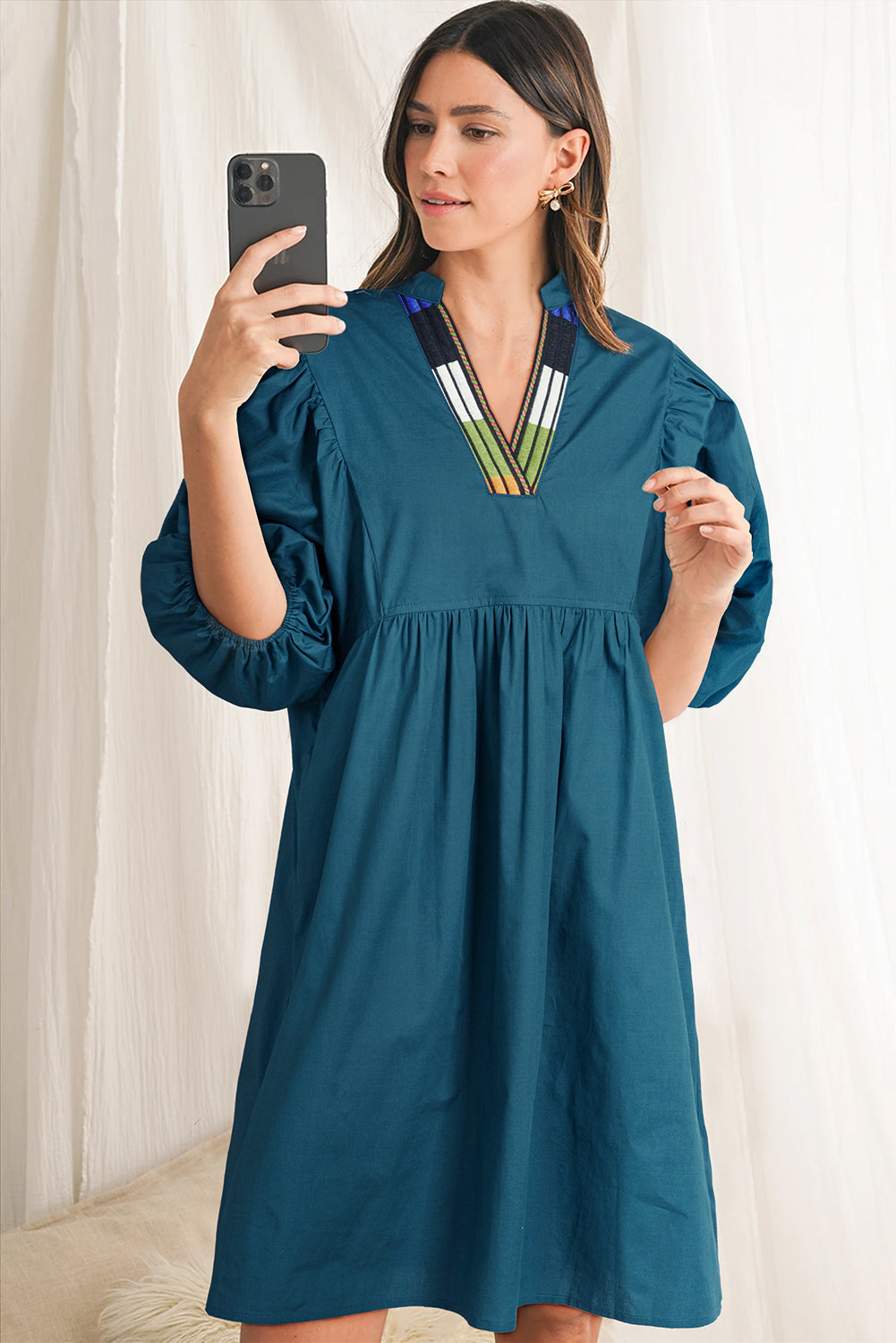 Blue Sapphire Colourblock Split V Neck Puff Sleeve Mini Dress - eAura