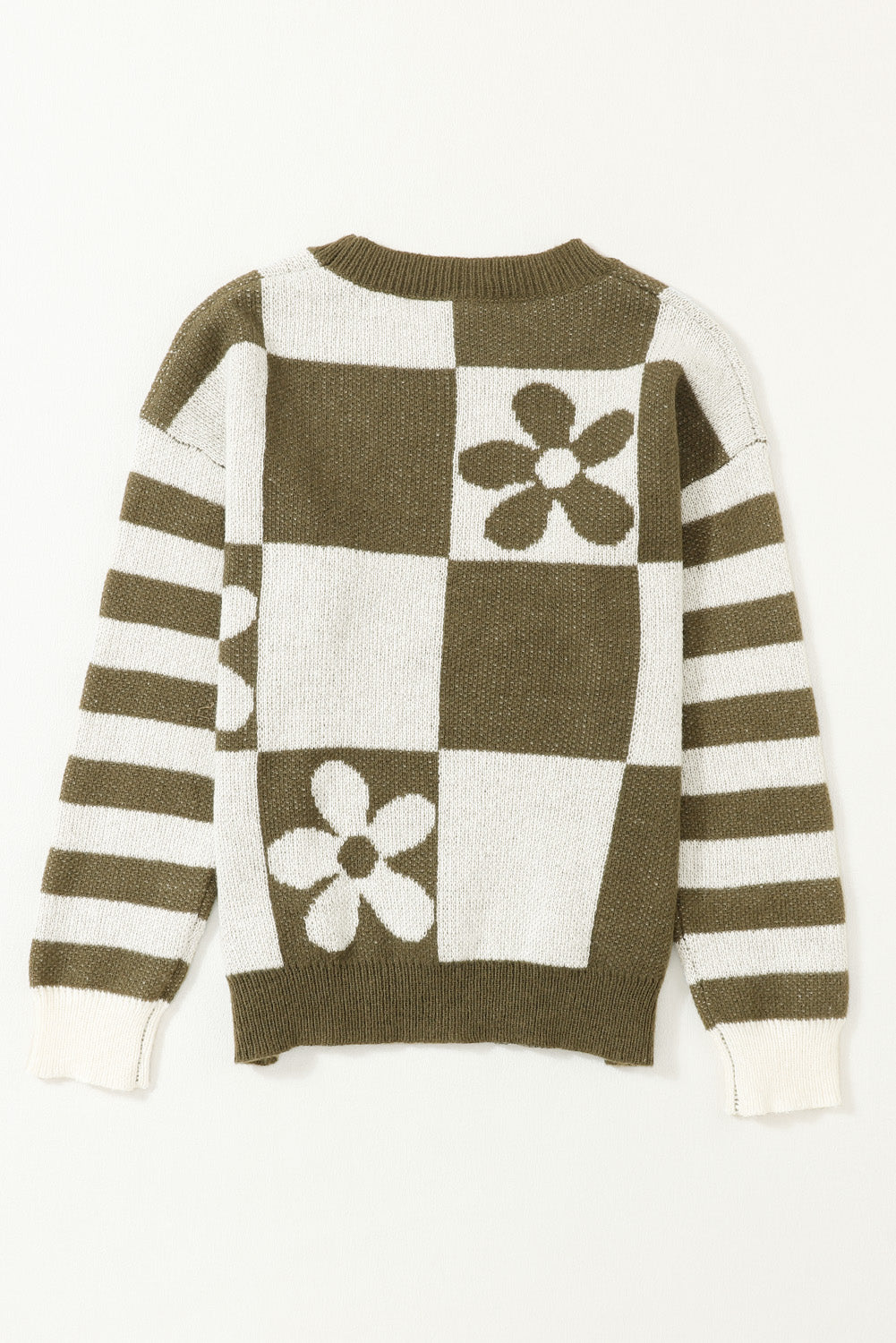 Brown Checkered Floral Print Striped Sleeve Sweater eAura